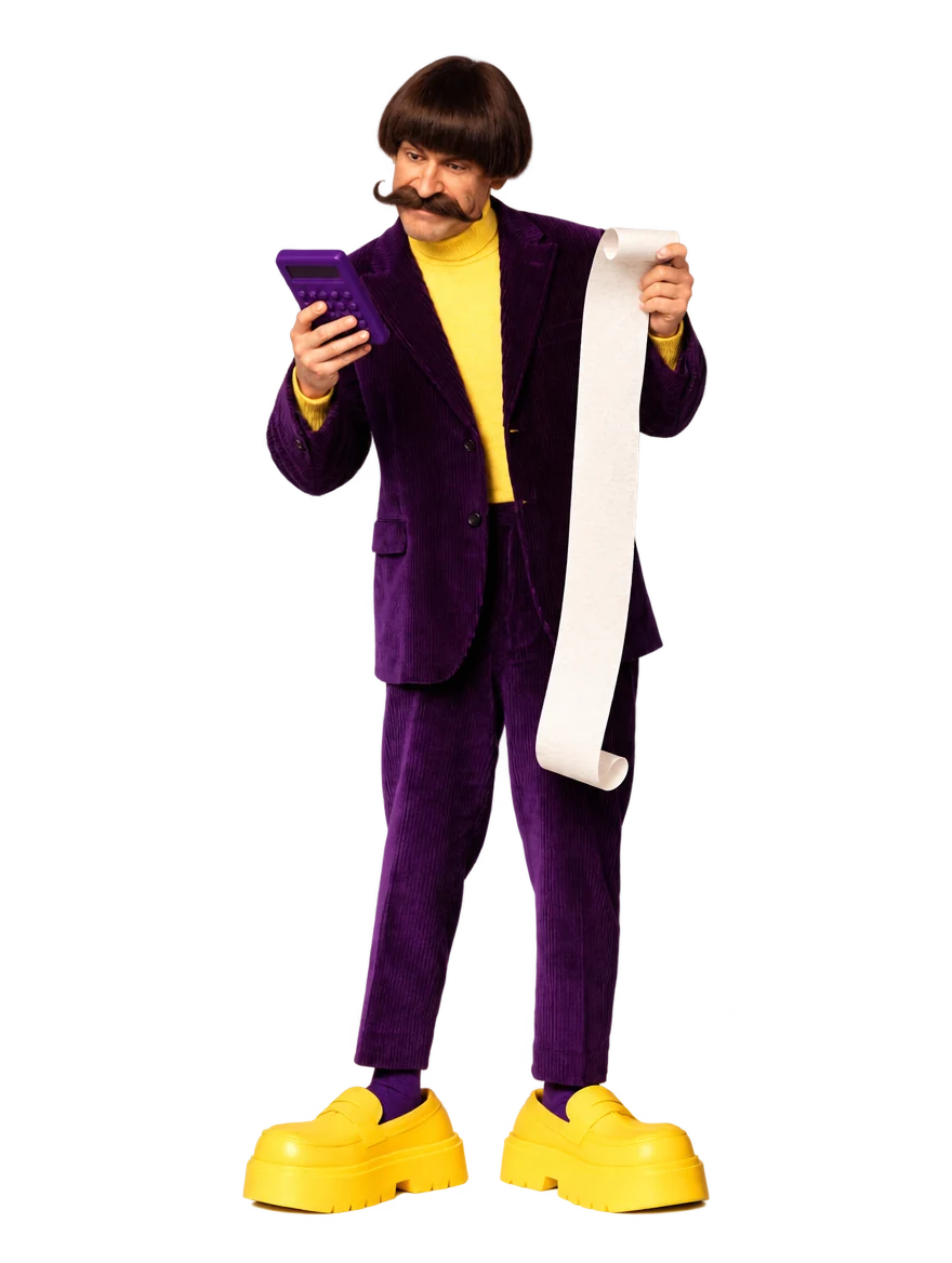 Cody Costs with a calculator and a bill