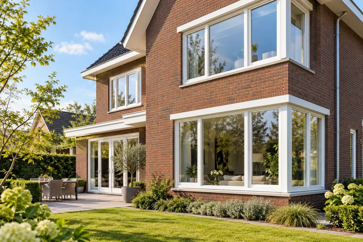 Home with large windows and a finished exterior